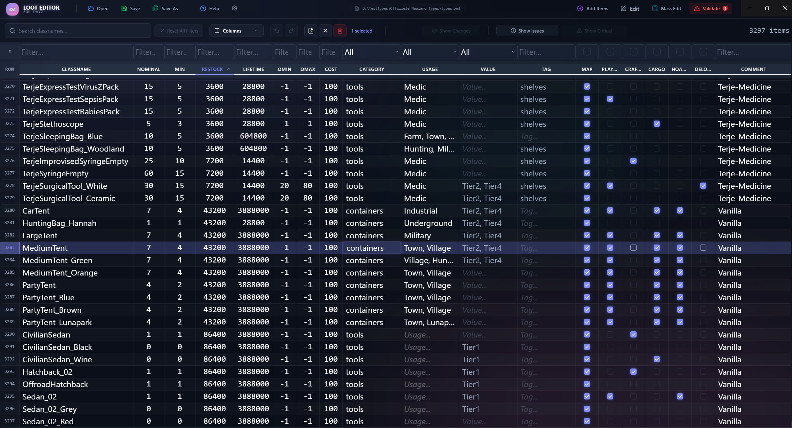 Full view of the Loot Editor grid interface with 3297 items