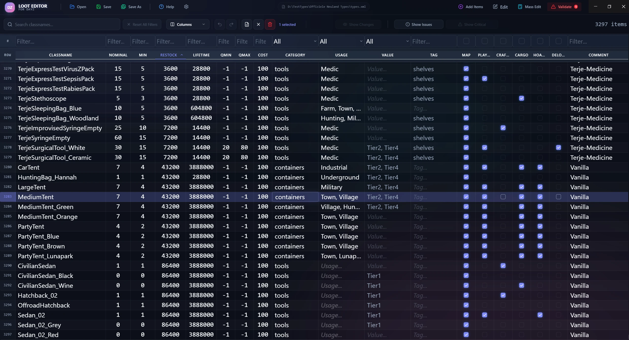 Full view of the Loot Editor grid interface with 3297 items
