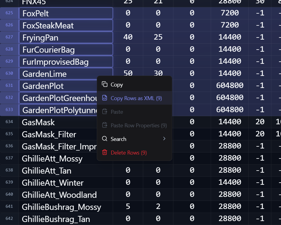 Copy row as XML context menu action