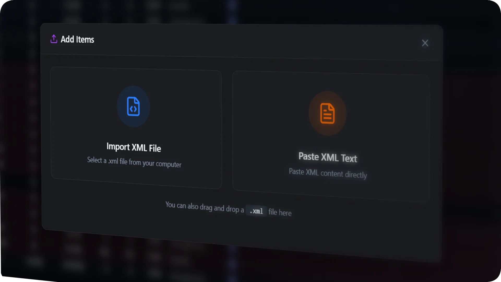 Add items modal interface inside mockup