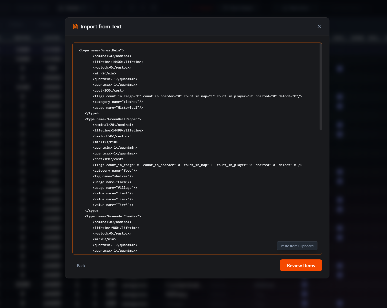 Import from text modal interface