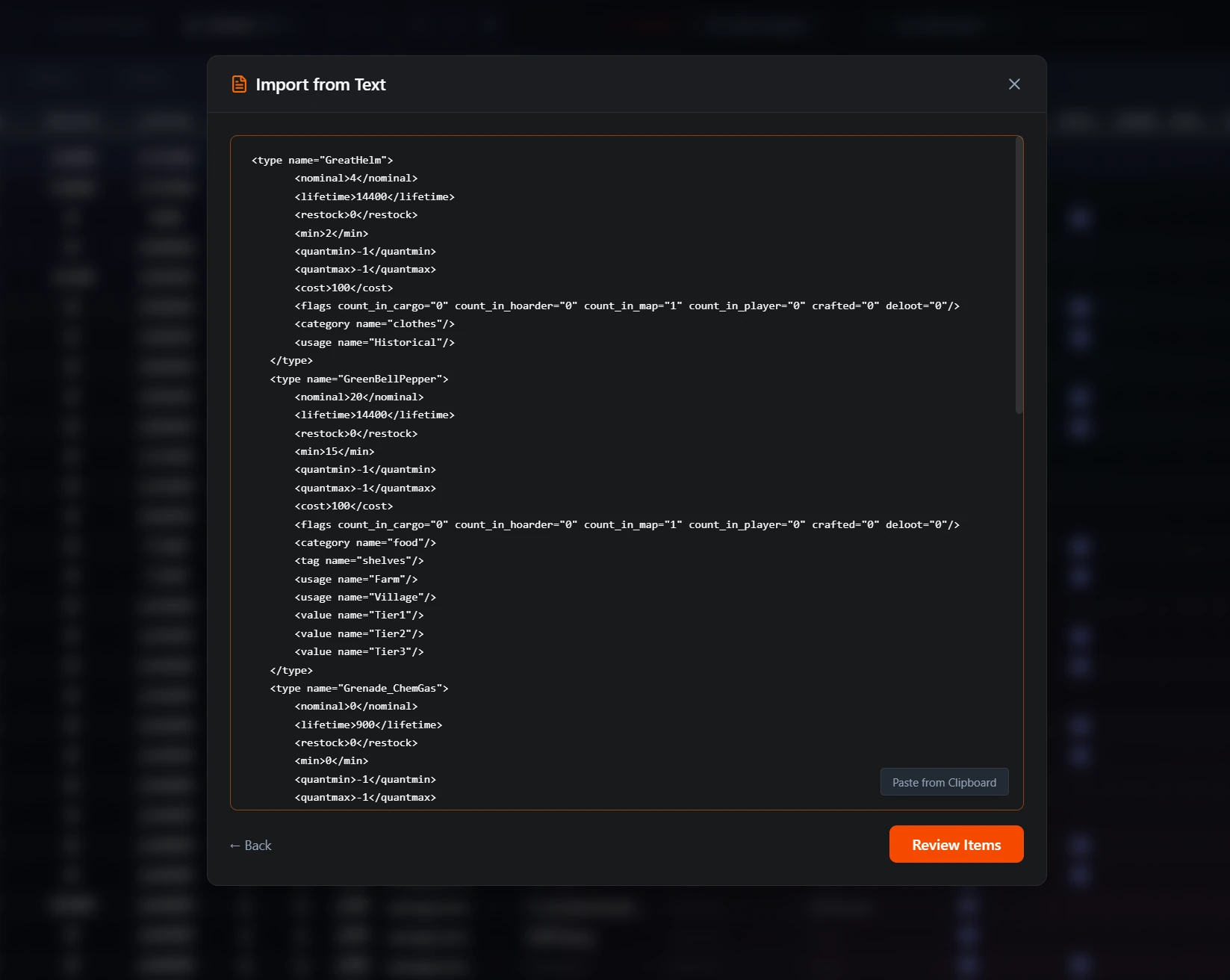 Import from text modal interface