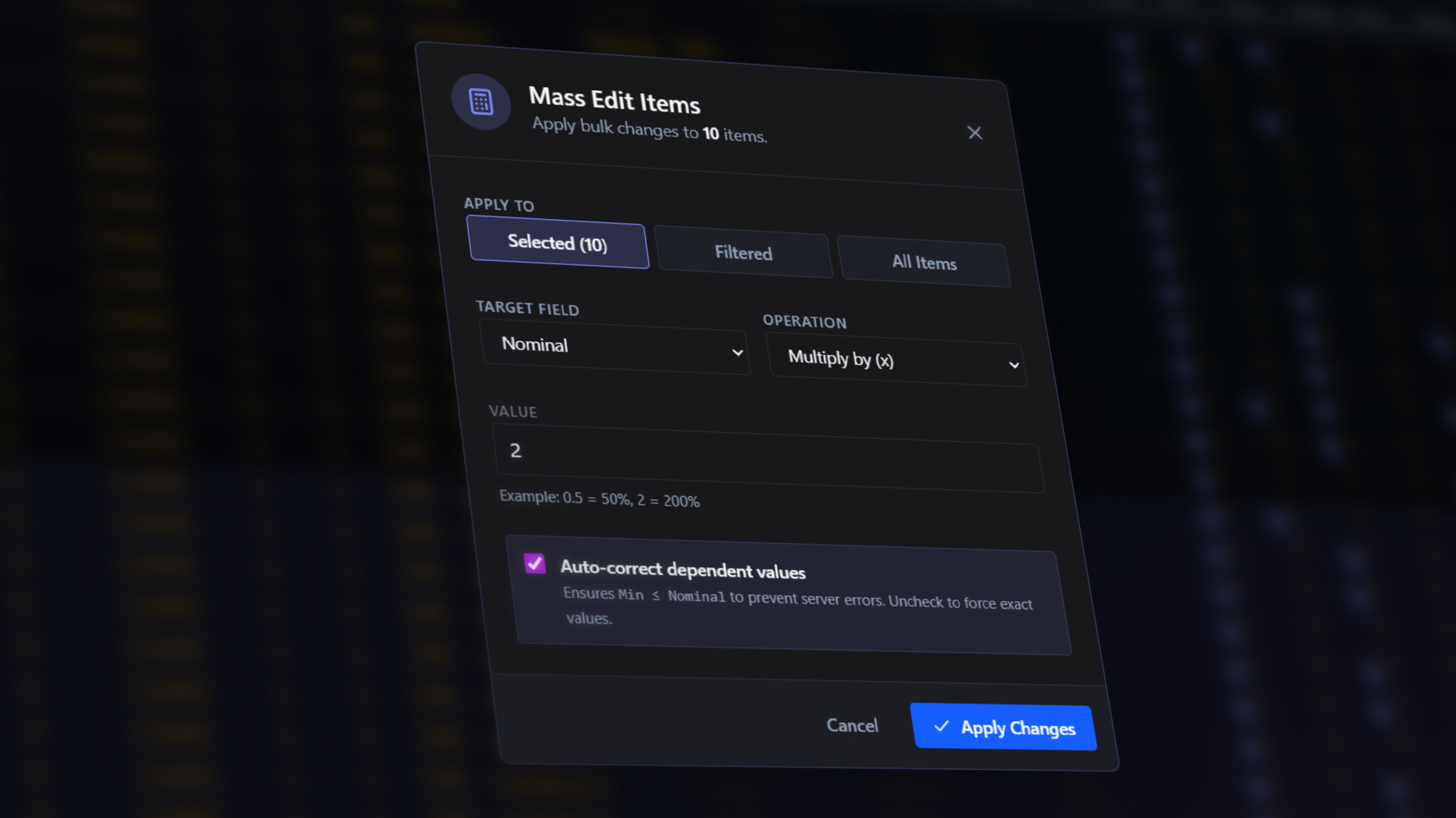 Mass Edit Items modal with operations and value fields inside mockup