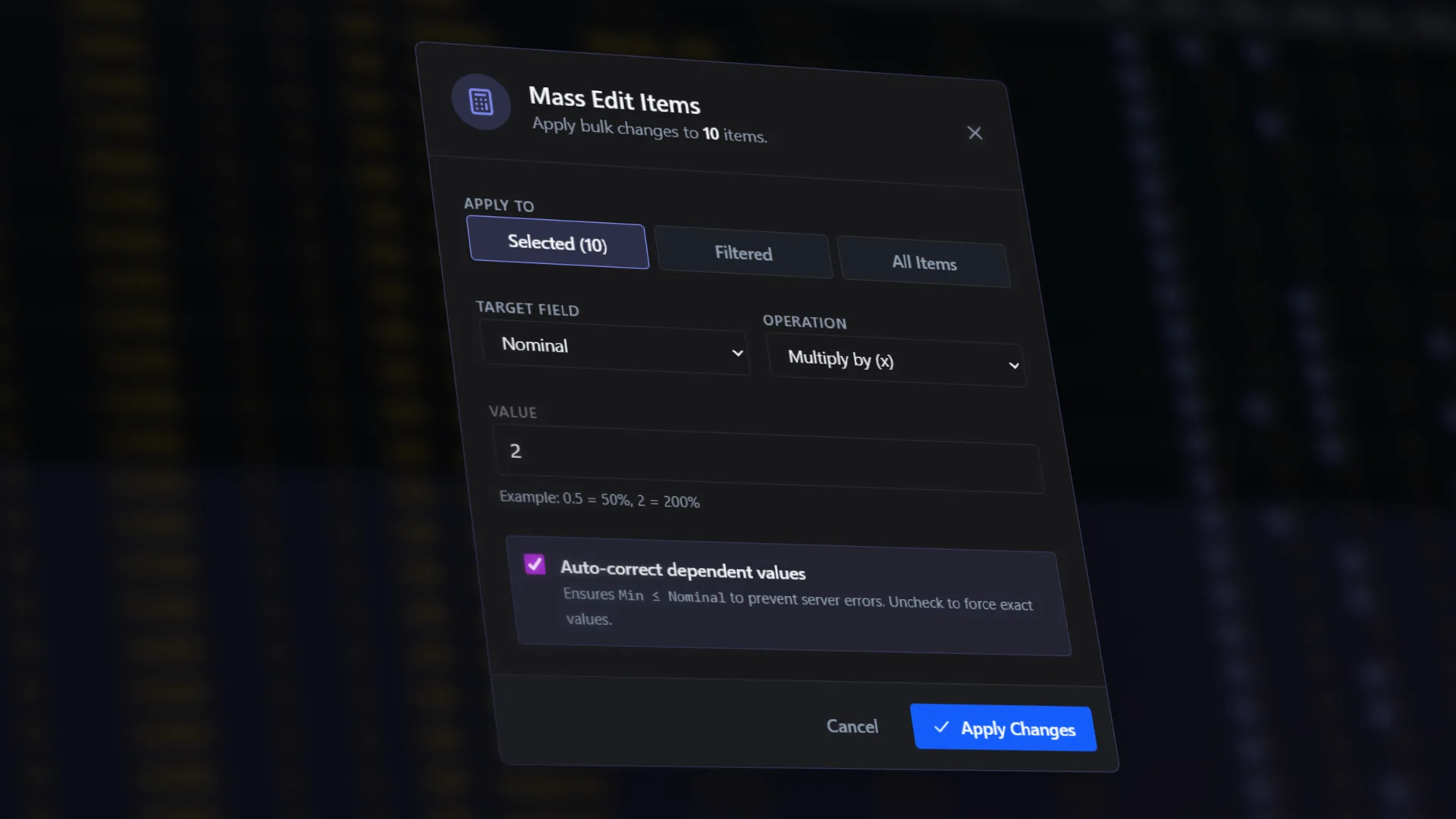 Mass Edit Items modal with operations and value fields inside mockup