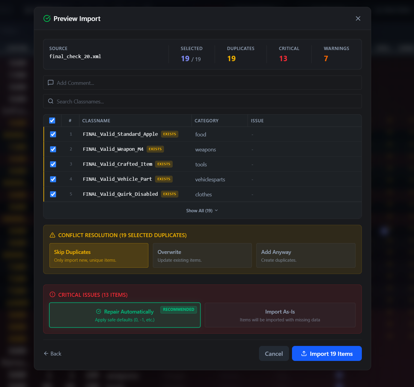 Import Modal Preview with Conflicts
