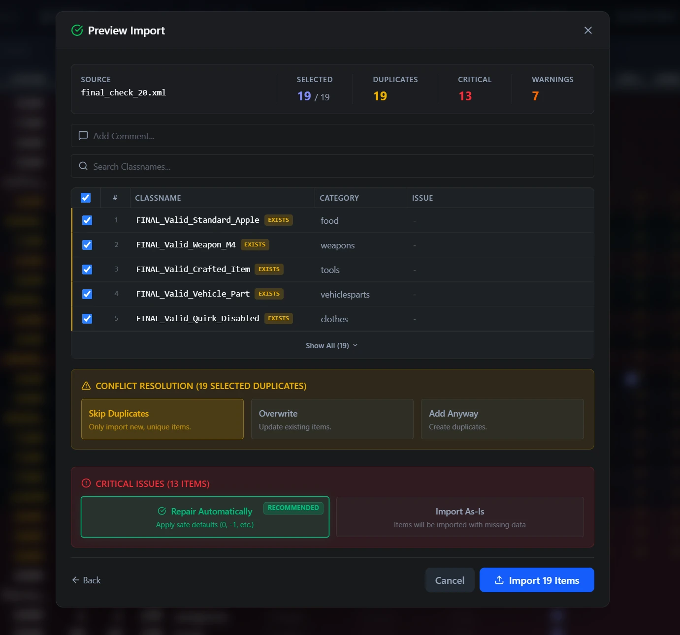 Import Modal Preview with Conflicts