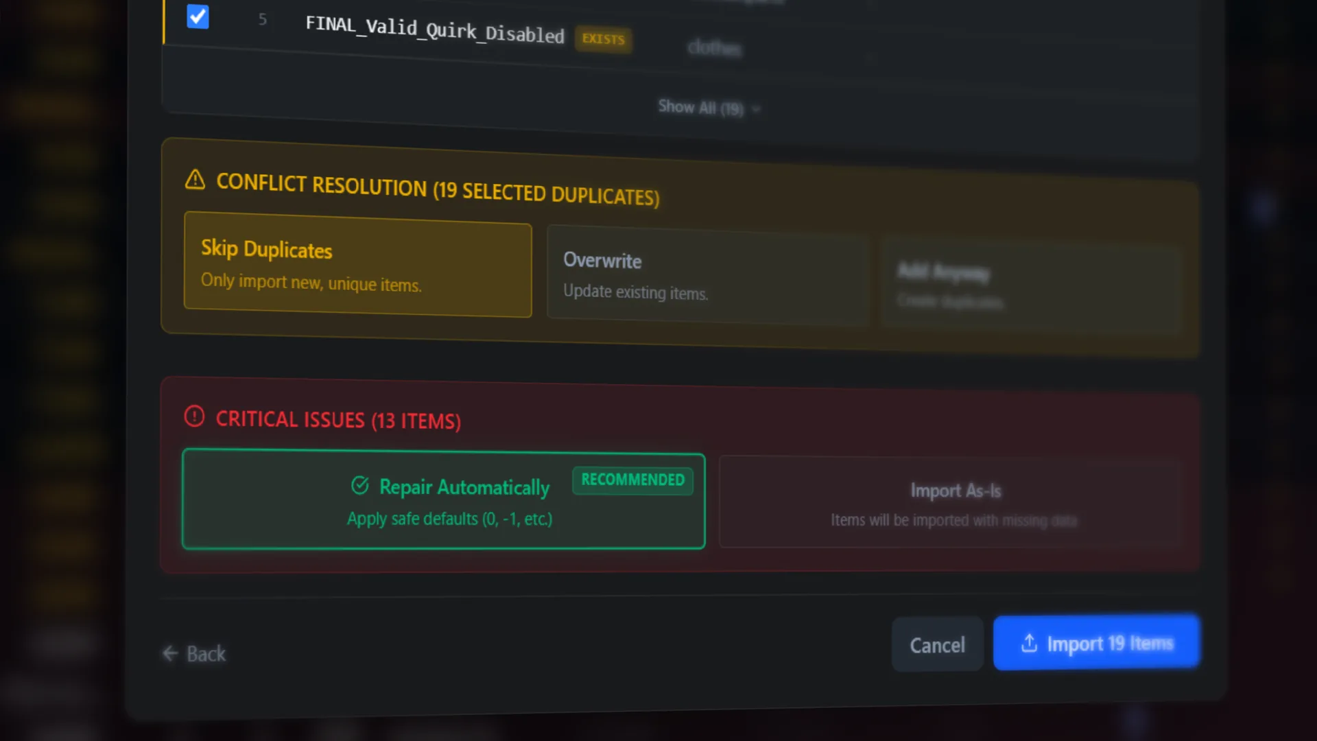 Preview Import modal showing items with error detection inside mockup
