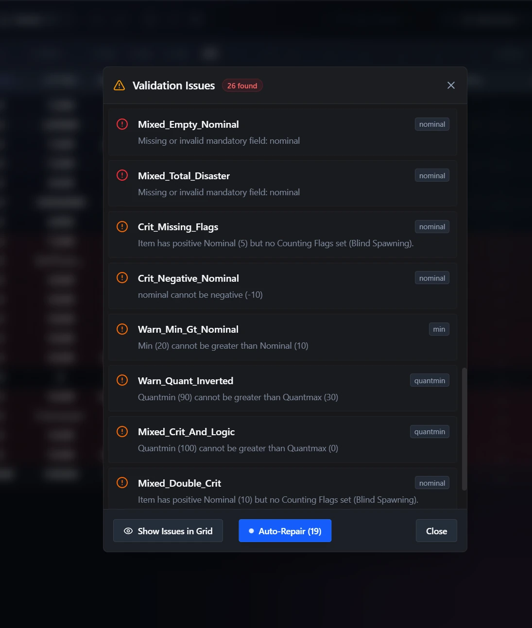 Validation Error Modal
